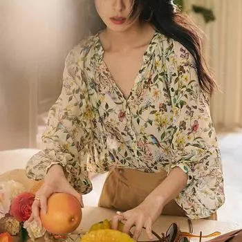 Ранняя осень французский тонкий топ с длинными рукавами для женщин на лето с феерическим дизайном смысл нишевая уникальная маленькая рубашка цветочная рубашка S