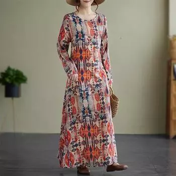 Ранняя осень хлопок лен искусство ретро стиль отпуск свободный и повседневный средней длины платье для женщин платья L
