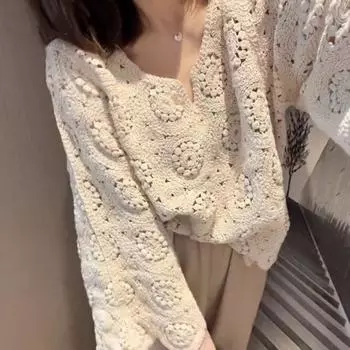Ранняя осень, корейский нежный стильный кружевной топ, свободная и тонкая маленькая полая вязаная рубашка, топ с цветочным принтом на крючках для женщин One Size бежевый