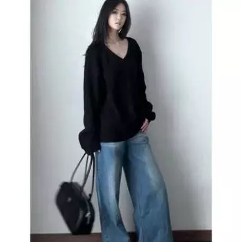 Ранняя осень Ленивый Причудливый Черный Пуловер с V-образным вырезом Женский Свободный Прилегающий 2025 Новое поступление Вязаный Верхняя одежда Black L