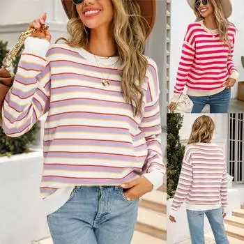 Ранняя осень Ленивый Стиль Вязаный свитер Пуловер Полосатый Круглый вырез Свитер Удобная женская одежда S фиолетовый