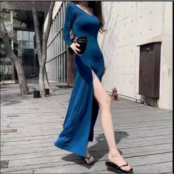 Ранняя осень мода высокое раздвоенное длинное платье женское простое элегантное длинное платье с длинным рукавом ретро длинное вечернее платье женская повседневная однотонная одежда 2807 S павлин голубой