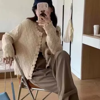 Ранняя осень, нежный ленивый свитер, кардиган, женский корейский свободный и универсальный вязаный свитер с длинными рукавами, женский топ
