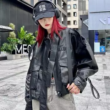 Ранняя осень, новая повседневная и модная женская куртка в мотоциклетном стиле, индивидуальное свободное пальто, кожаное пальто в женском стиле M