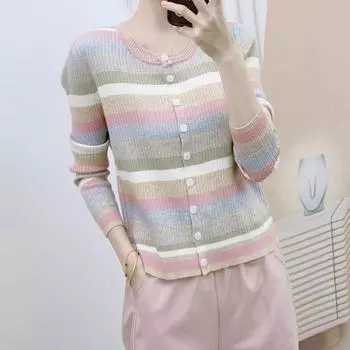 Ранняя осень Новинка Hanpai Мода Повседневный Полосатый Стрейч Открытые Пуговицы Длинный Рукав Трикотаж One size