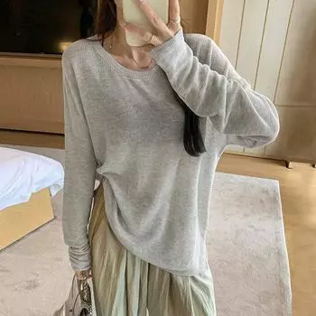 Ранняя осень новый ленивый и расслабленный чувство трикотажной футболки женская книга свободная микро проникновение солнцезащитный крем прикрывает блузку S