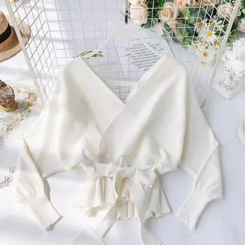 Ранняя осень, новый сексуальный топ с v-образным вырезом на талии, тонкий свободный топ с короткими рукавами «летучая мышь» и листом лотоса