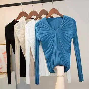 Ранняя осень плиссированный дизайн вязаный женский пуловер свитер новый длинный рукав V-образный вырез повседневные топы корейская мода элегантная трикотажная одежда 1548 One Size синий