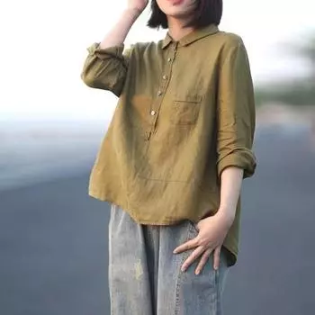 Ранняя осень Повседневная свободная однотонная льняная рубашка женская с лацканами и длинными рукавами из хлопка и льна женская одежда M