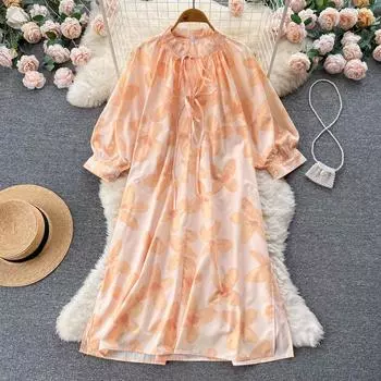 Ранняя осень с принтом в праздничном стиле, свободное и тонкое платье выше колена из французского кружева для женщин