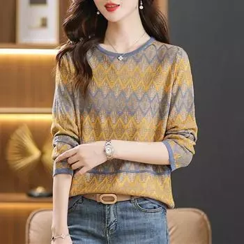 Ранняя осень, топ для мам среднего возраста, женский свитер с длинными рукавами, свободный, в полоску, тонкий вязаный свитер one size синий