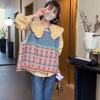 Ранняя осень, вязаный жилет, женская рубашка в сочетании с осенним 2024, новая мода, уменьшающая возраст, свободный свитер, топ на бретелях с открытыми плечами One Size синий
