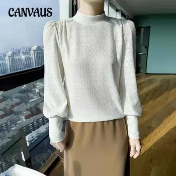 Ранняя осень Женская французская ретро-рубашка с полувысокой круглой горловиной и длинными рукавами-фонариками из жаккарда свободного кроя S белый