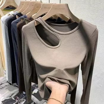 Ранняя осень женская футболка с длинными рукавами;нижняя рубашка с тщательно продуманным машинным дизайном и облегающим коротким полым верхом S хаки