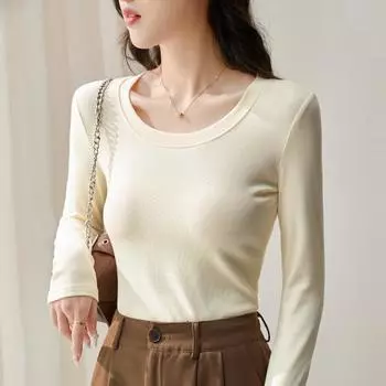 Ранняя осень женская однотонная хлопковая простая внутренняя узкая тонкая рубашка с длинными рукавами S белый