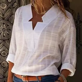 Ранняя осень женская повседневная рубашка женская однотонная рубашка с v-образным вырезом и длинным рукавом