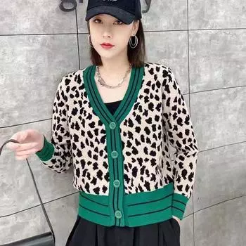 Ранняя осень, женский кардиган, повседневный универсальный топ, вязаный кардиган с леопардовым узором, 2022, кардиган с v-образным вырезом и длинными рукавами, свитер, пальто