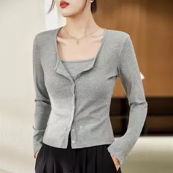 Ранняя осень женский U-образный вырез маленький кардиган тонкий простой короткий абзац низ длинный рукав топ S белый