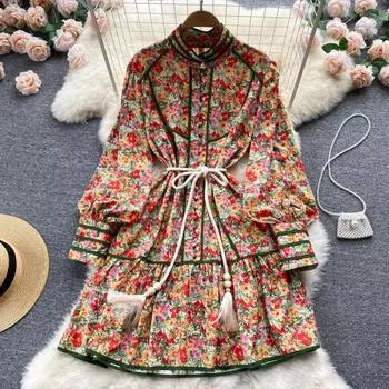 Ранняя весна 2022, новая мода в иностранном стиле, пригородный пуловер, платье с воротником-стойкой, винтажное платье на шнуровке с цветочным принтом, модное S жёлтый