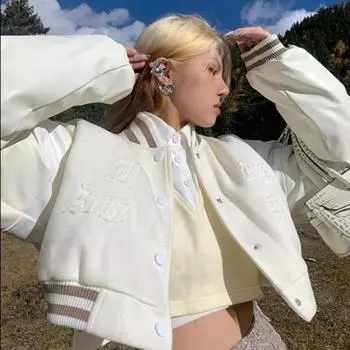 Ранняя весна, американская ретро универсальная полосатая бейсбольная куртка с вышитыми буквами и полотенцем, короткая, студенческая, весна и осень S белый