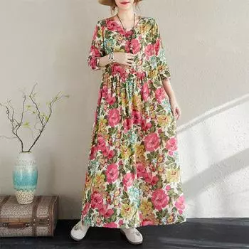 Ранняя весна Цветочный отпуск Стиль Путешествия Круглый вырез Свободная ретро длинная юбка с мясным покрытием Длинные рукава Платье для женщин Платья L