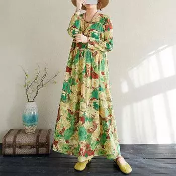 Ранняя весна Цветочный отпуск Стиль Путешествия Круглый вырез Ретро Длинная юбка с мясным покрытием Длинные рукава Платье для женщин Платья L