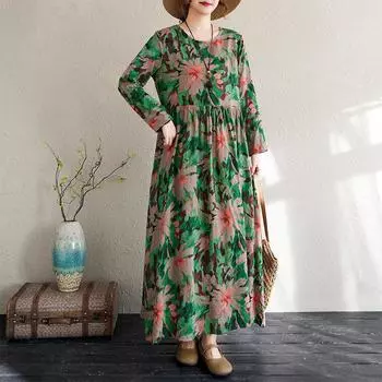 Ранняя весна Цветочный отпуск Стиль Туризм Досуг Круглый вырез Свободная ретро длинная юбка с мясным покрытием Длинные рукава Платье для женщин Платья L