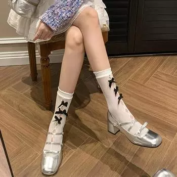 Ранняя весна Французские туфли Мэри Джейн на толстом каблуке с пряжкой и бантом Одиночные туфли Женские серебристые балетки 34 серебряный