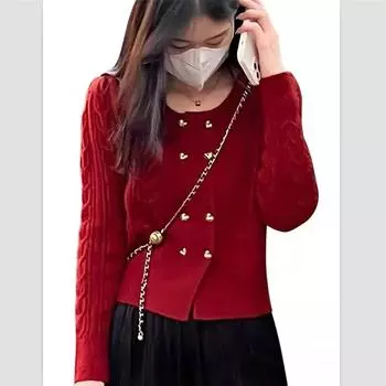 Ранняя весна, Гонконг, аромат, U-образный вырез, облегающий, двубортный, с пуговицей, однотонный, короткий, вязаный кардиган с переплетенными краями One Size красный