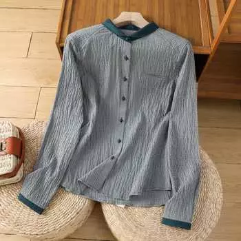 Ранняя весна Искусство Универсальная рубашка в мелкую клетку с цветными блоками Ретро рубашка с коротким воротником и длинными рукавами в клетку Блузки и рубашки M