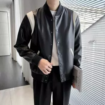 Ранняя весна, кожаная куртка с бейсбольным воротником, мужская модная и красивая мотоциклетная куртка из искусственной кожи с цветными блоками 2XL хаки