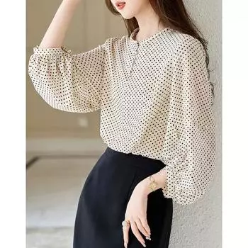 Ранняя весна, новая плиссированная шифоновая рубашка в горошек, повседневная рубашка с длинным рукавом для поездок на работу, темпераментный топ с рукавами-фонариками M