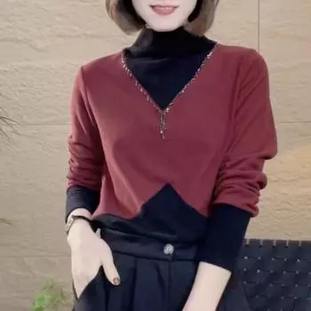 Ранняя весна, новая, с длинными рукавами и полувысоким воротом, универсальная модная футболка, тонкая и теплая, тонкий базовый топ для женщин M красный