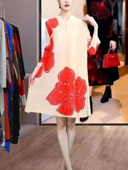 Ранняя весна, новое модное плиссированное платье с V-образным вырезом, в стиле вестерн, свободного кроя и облегающего кроя One Size бежевый