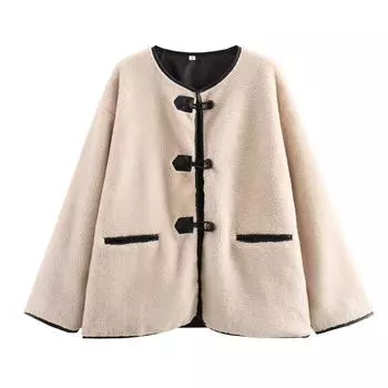 Ранняя весна, новое однотонное ретро-пальто из овечьей шерсти с круглым вырезом и пряжкой, с декоративным мехом S