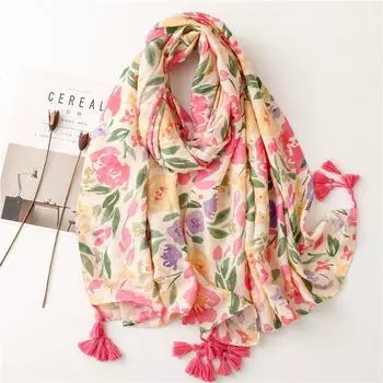 Ранняя весна, яркий цвет, тропические растения, цветочный принт, хлопок, лен, ручная работа, узорчатый персонаж, пляжное полотенце, длинная подвесная шаль с кисточками для женщин 180*90