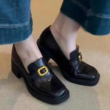 Ранняя весна, туфли на среднем каблуке, женские кожаные мокасины, металлические пряжки, без застежек, круглый носок, черный, коричневый, Прямая поставка 35