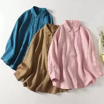 Ранняя весна женский тонкий ленивый стиль кардиган свободный крой рубашка универсальная хлопковая льняная защита от солнца для женщин блузки и рубашки M синий