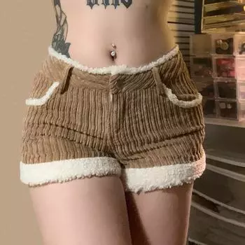 Ранняя зима женские вельветовые полосатые меховые сращивания Collision Color Hundred с пикантной девушкой Slim Thin повседневные шорты с низкой талией S хаки