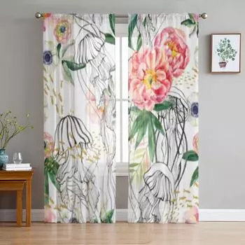 Ranunculus Anemone Jellyfishes Flowers Chiffon Sheer Curtains for Living Room Bedroom Decoration Window Voiles Tulle Curtain 135W x 114H(cm)