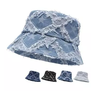 Rap Star Denim Big Brim Fisherman Hat Женская уличная шляпа-ведро Складная солнцезащитная шляпа белый/синий