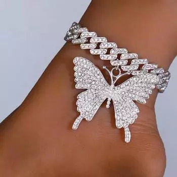 Рэпер мужской бабочка большой ножной браслет толстый оптовая продажа для женщин браслет со стразами кубинский звено ножной браслет Iced Out цепь кулон ювелирные изделия 20cm