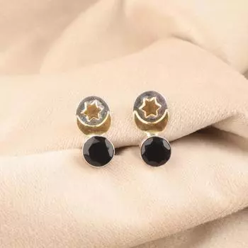 Rare Black Onyx Gemstone 925 Sterling silver Jewelry Two Tone Stud Earrings 0.8 EE-141-2