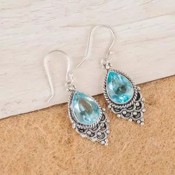Rare Sky Blue Topaz Gemstone 925 Sterling Silver Jewelry Handmade Earrings 1.9 EE-85-3