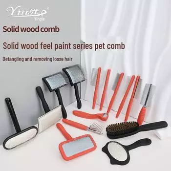 Расческа для домашних животных из цельного дерева с пушистыми иглами и ножом для распутывания шерсти 61-tooth high and low needle comb синий