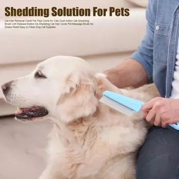 Расческа для удаления блох и шерсти домашних животных, щетка для ухода за кошками с кнопкой фиксатора, массажная расческа для предотвращения линьки домашних животных, короткой/длинной шерсти кошек и собак синий
