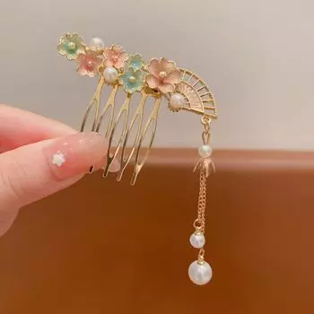 Расческа для волос с жемчугом и цветком, веер, палочка для волос в китайском стиле, детская шпилька, инструмент для дизайна прически F