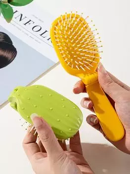 Расческа для выпрямления волос Travel Folding Air Bag Comb, женская расческа с воздушной подушкой для длинных волос, портативная массажная расческа Cactus, подходит для всех типов волос зелёный
