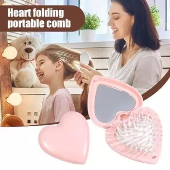 Расческа Love Heart с зеркалом 2-в-1 с мягкой щетиной для массажа кожи головы, складная жёлтый