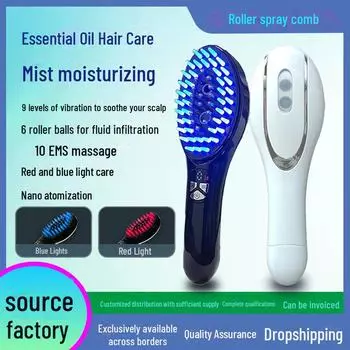 Расческа-массажер для роста волос Nano Spray Red & Blue Light с электрическим массажем и жидкостным направляющим устройством S6 Roller Spray Massage Comb чёрный